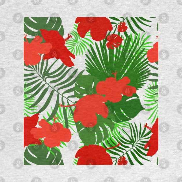 Hand drawn hibiscus, tropical leaves red and green colored seamless summer time by GULSENGUNEL